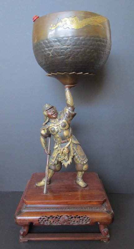 Japanese Gilt Bronze Samurai Warrior Holding Bell Bowl