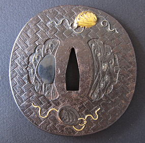 Antique Japanese Tsuba with Basket and Wave Motif