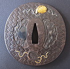 Antique Japanese Tsuba with Basket and Wave Motif