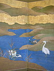 Japanese Antique Pair 6-Panel Screen with Bird Scenes
