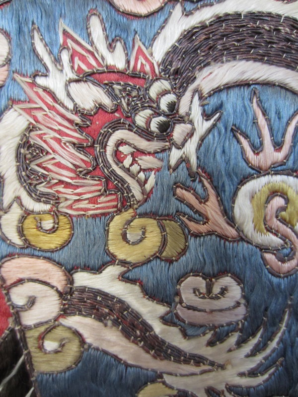 Chinese Antique Silk Embroidered Panel with Dragon Vase