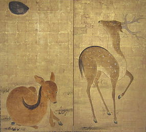 Rinpa Style Two Panel Screen of Two Deer on Gold Leaf