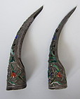 Chinese Antique Pair of Silver and Enamel Nail Guards