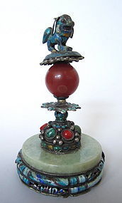 Chinese Antique Silver,  Coral and Jade Hat Finial
