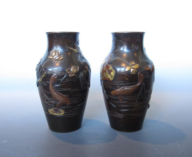 Pair of Japanese Takaoka Bronze Vases by Miyabe Atsuyoshi