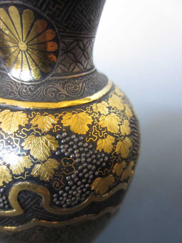 Japanese Antique Damascene Vase with Chrysanthemum Mon