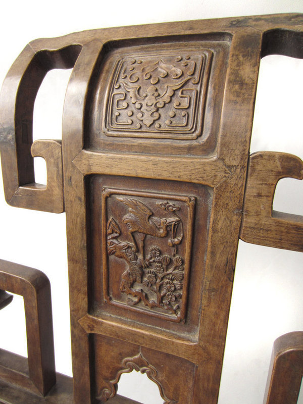 Chinese Antique Pair of Hardwood Key Fret Arm Chairs