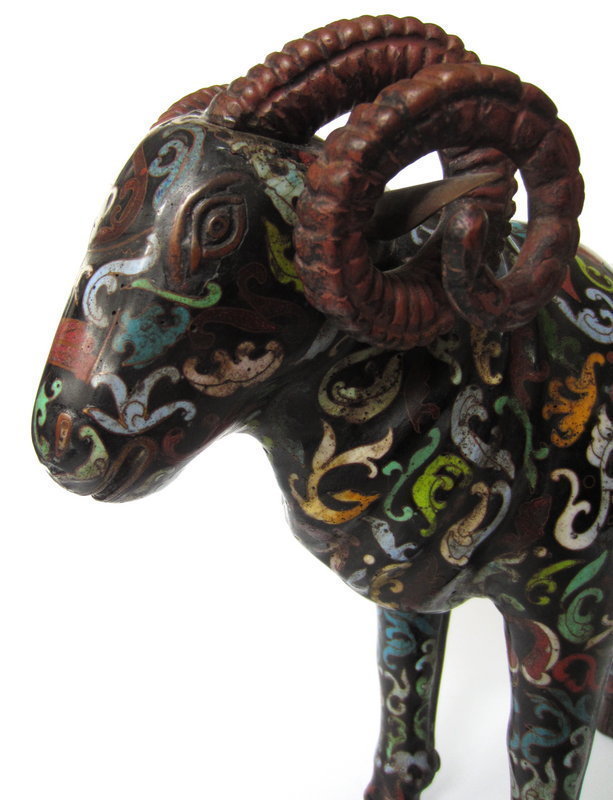 Chinese 19th c.  Copper Repousse and Cloisonne Sheep