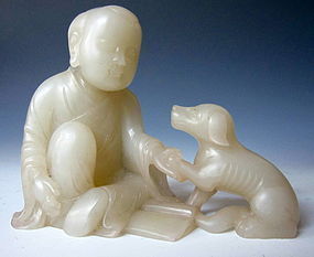 Chinese White Jade Carving of Seated Monk and Dog