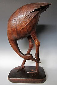 Japanese Signed Wooden Crane with Fish