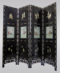 Chinese Coromandel Screen with Porcelain Panels