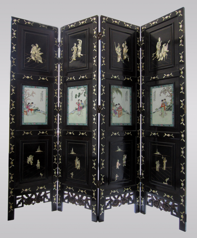 Chinese Coromandel Screen with Porcelain Panels