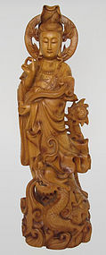 Chinese Wood carving Kwan Yin on Dragon