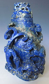 Chinese Antique Carved Lapis Lidded Bottle with Chimera