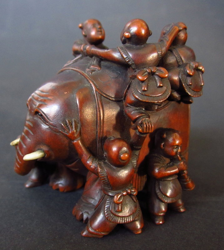 Japanese Antique Okimono of Children and Elephant