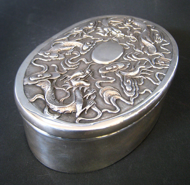 Chinese Antique Silver Box with Dragons, Wang Hing Co.