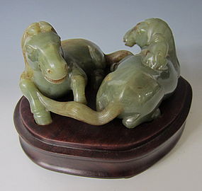 Chinese Jade Carving of a pair of Horses and a Monkey