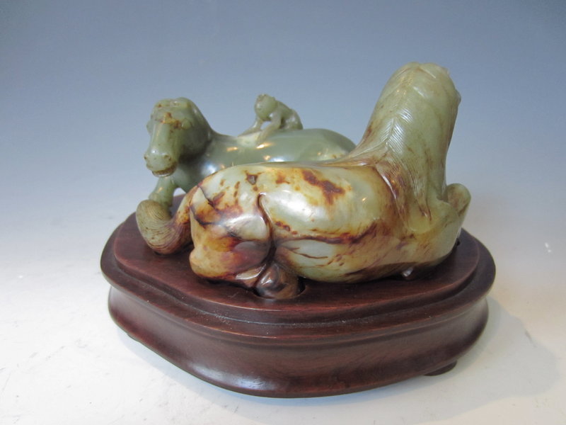 Chinese Jade Carving of a pair of Horses and a Monkey