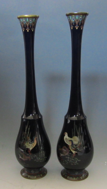 Antique Japanese Pair of Cloisonne Vases with Birds