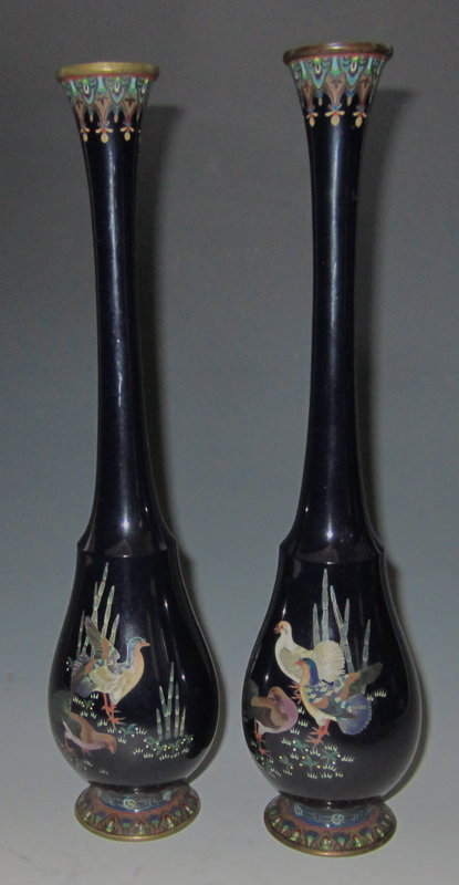 Antique Japanese Pair of Cloisonne Vases with Birds
