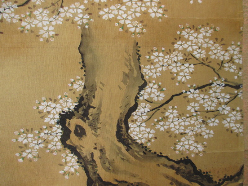 Antique Japanese Scroll Courtesan under Cherry Blossoms
