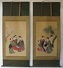 Antique Ukiyoe Image of Beauties Pair Scroll