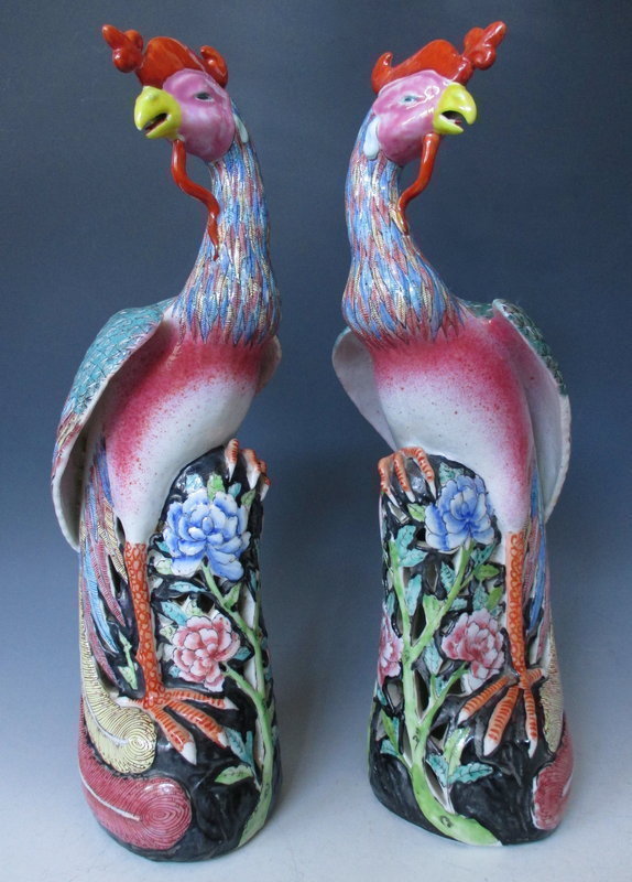 Antique Chinese Pair of Canton Rose Phoenix Birds