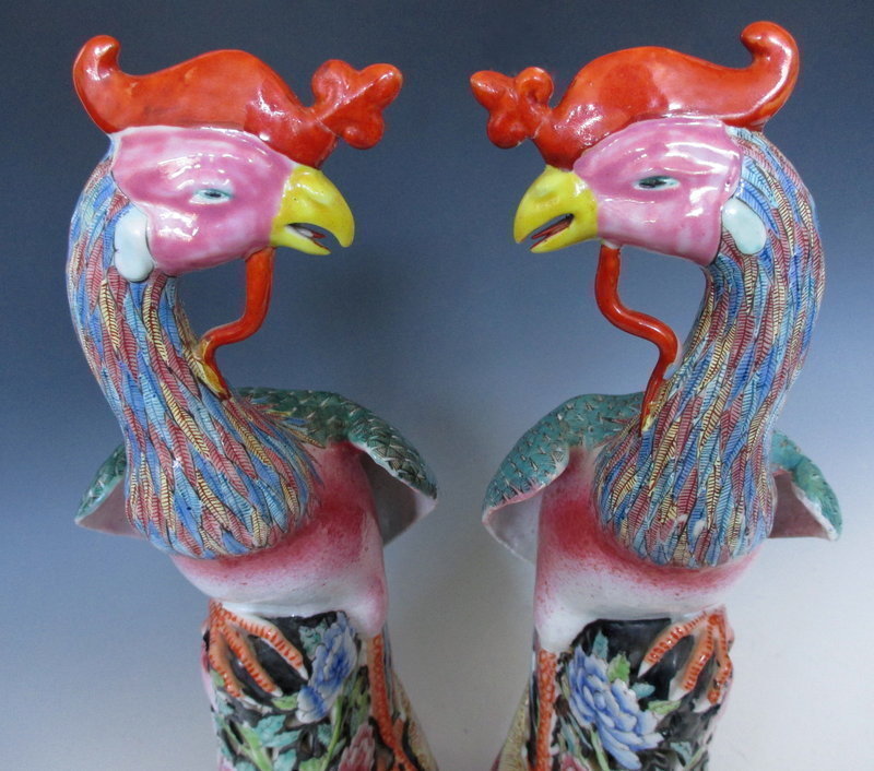 Antique Chinese Pair of Canton Rose Phoenix Birds