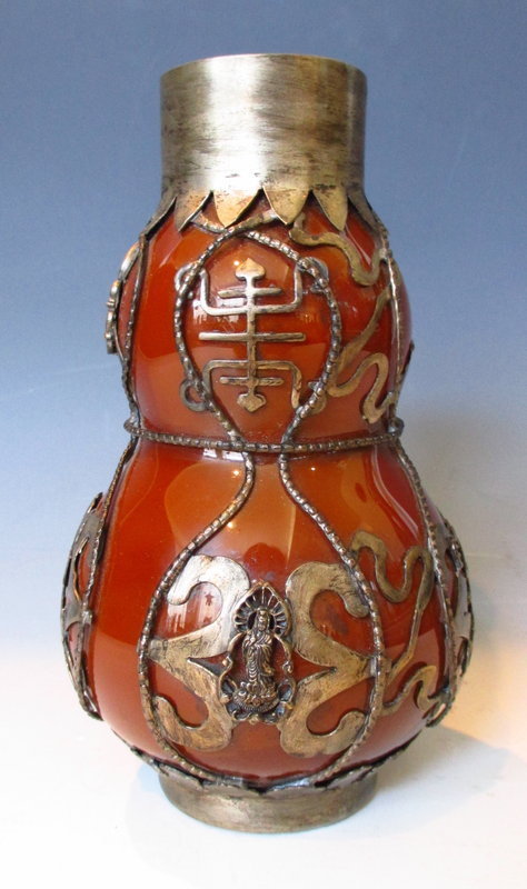 Chinese Peking Glass Vase with Silver Fittings