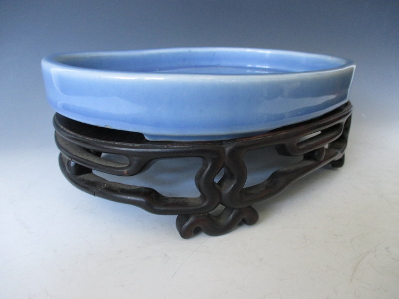 Chinese Pale Blue Monochrome Porcelain Bowl and Stand