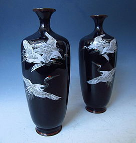 Pair of Japanese Cloisonne Vase with Motifs of Crane