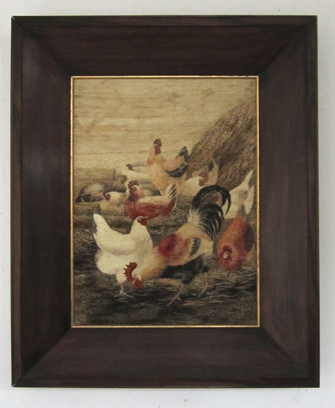 Antique Japanese Framed Embroidery of Chickens