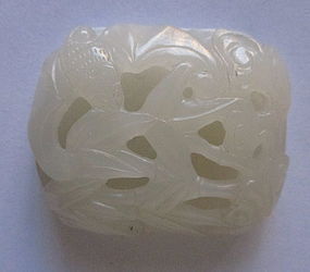 Antique Chinese Carved Jade Bat with Bamboo