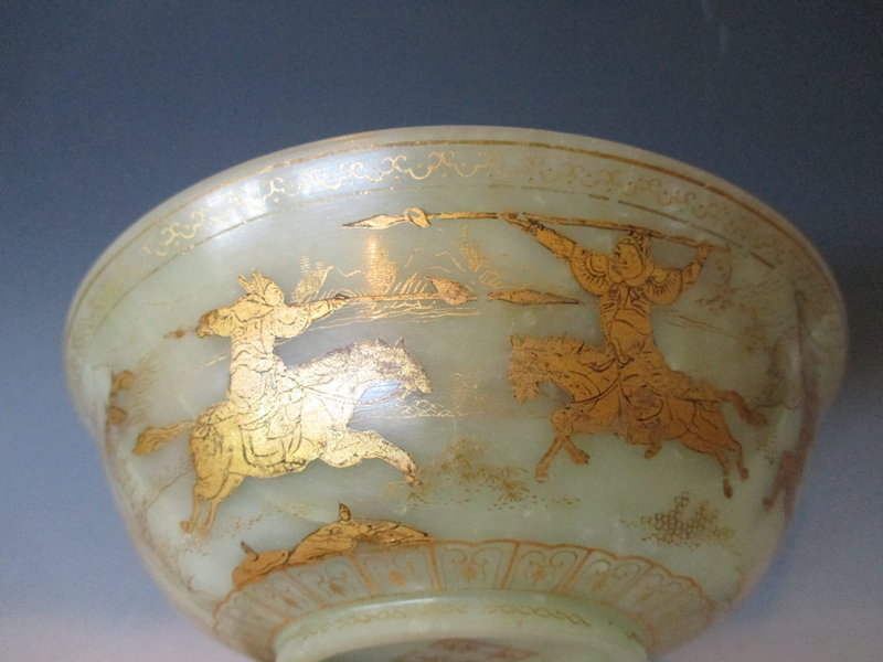 Chinese Jade Bowl with Painted Gold Decorations