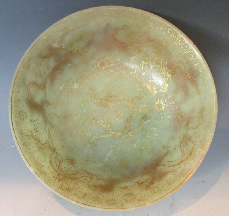 Chinese Jade Bowl with Painted Gold Decorations