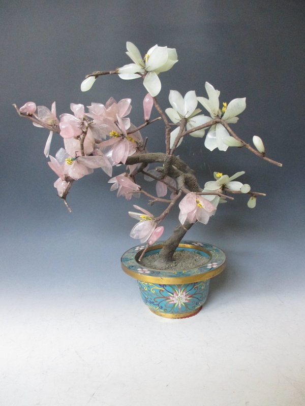 Pair of Stone Magnolia Plants with Cloissonne Pot