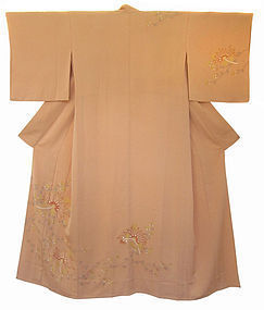 Japanese Peach Colored Silk Kimono with Flowers