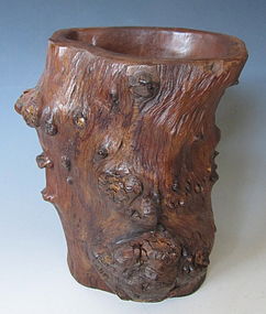 Chinese Hardwood Burl Brush Pot