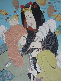 Paul Jacoulet print, Le Chant des Fileuses, Mongolie