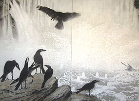 Japanese Antique Screen Painting of Crows, Aizu Katsumi