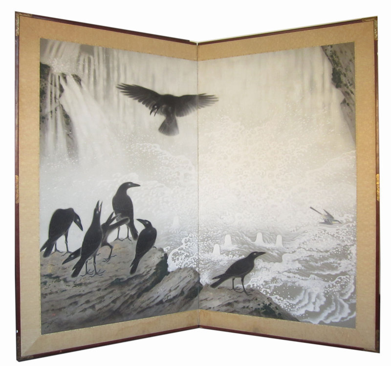 Japanese Antique Screen Painting of Crows, Aizu Katsumi