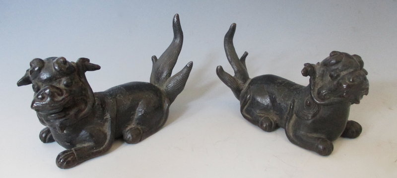 Chinese Pair of Small Bronze Fu-dog Scroll Weights, Ming Dynasty