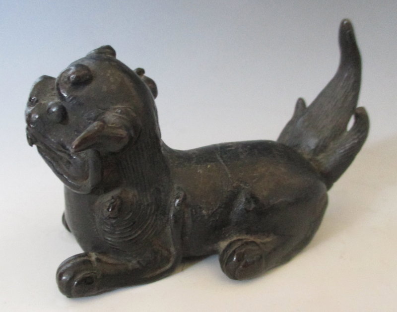 Chinese Pair of Small Bronze Fu-dog Scroll Weights, Ming Dynasty