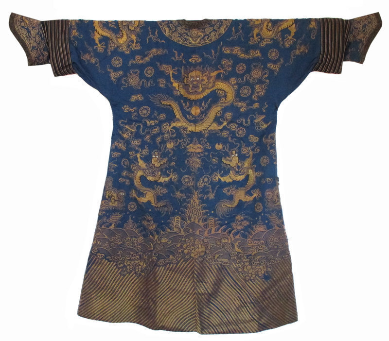 Chinese Gold and Blue Silk Dragon Robe