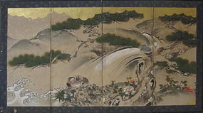 Antique Japanese Four Panel Folding Screen