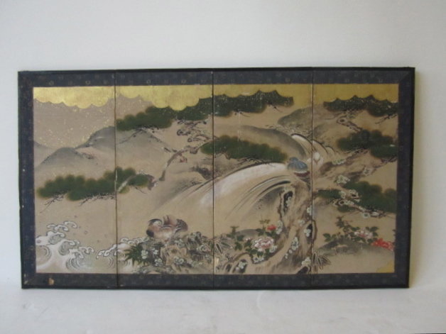Antique Japanese Four Panel Folding Screen