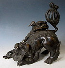 Edo Age Bronze Japanese incensor of Fu Dog playfully wrestling