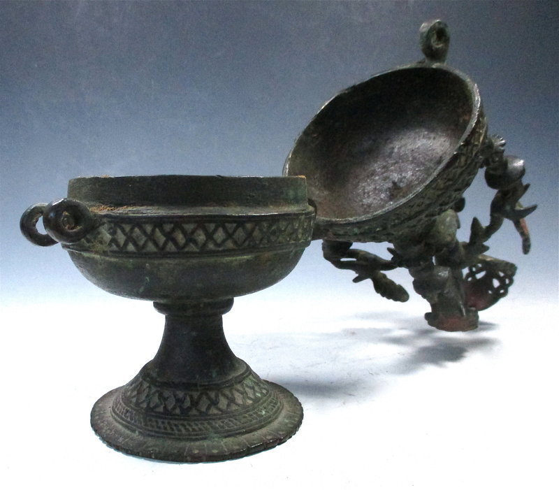Indian Bronze Offering Chalice With Sacred Peacocks