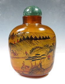 Hand-Painted Glass Snuff Bottle With Agate Topper