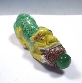 Chinese Porcelain Lion Snuff Bottle With Jade Topper